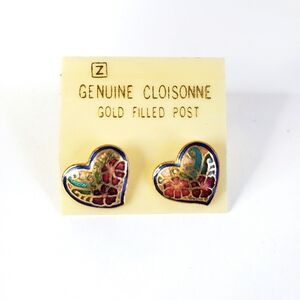 Vintage Heart Shaped Cloisonné Earrings Floral Design Jewelry